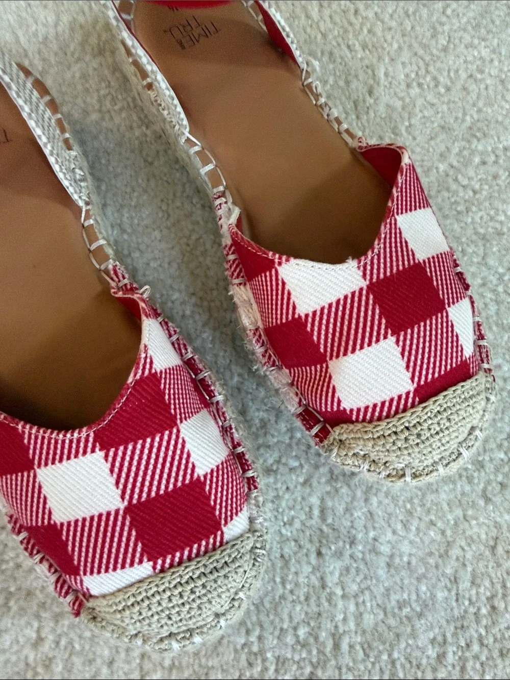 Time and Tru Red and White Gingham Espadrille Sandals with Ankle Strap